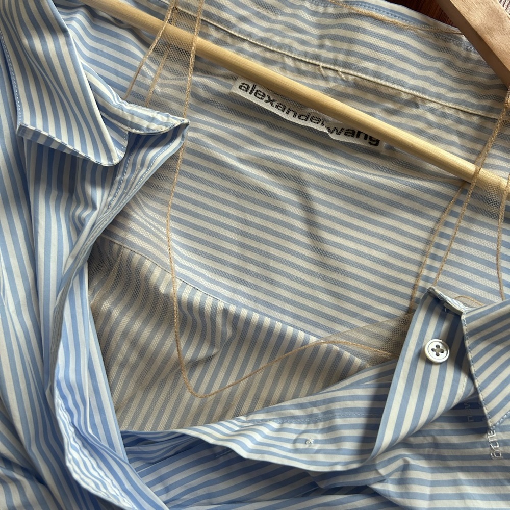 SOLD! Alexander Wang Off Shoulder Asymmetric Striped Mesh Accent Poplin Top 2 - Picture 6 of 17